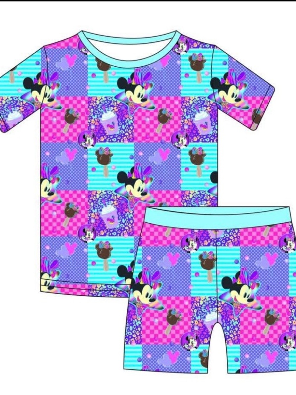 BAMBOO Girls Patchwork Pink & Turquoise Character short Set